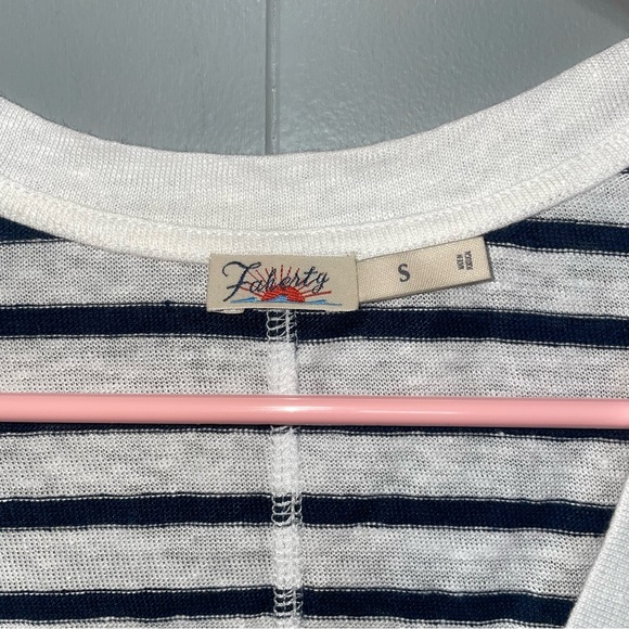 Faherty Oceanside Linen Blue and White Stripe V Neck Shortsleeve Top Small - Picture 4 of 7